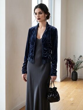 Vintage BCBG Runway Y2K Navy Blue Ruched Silk Velvet Blazer Jacket - Small NWT